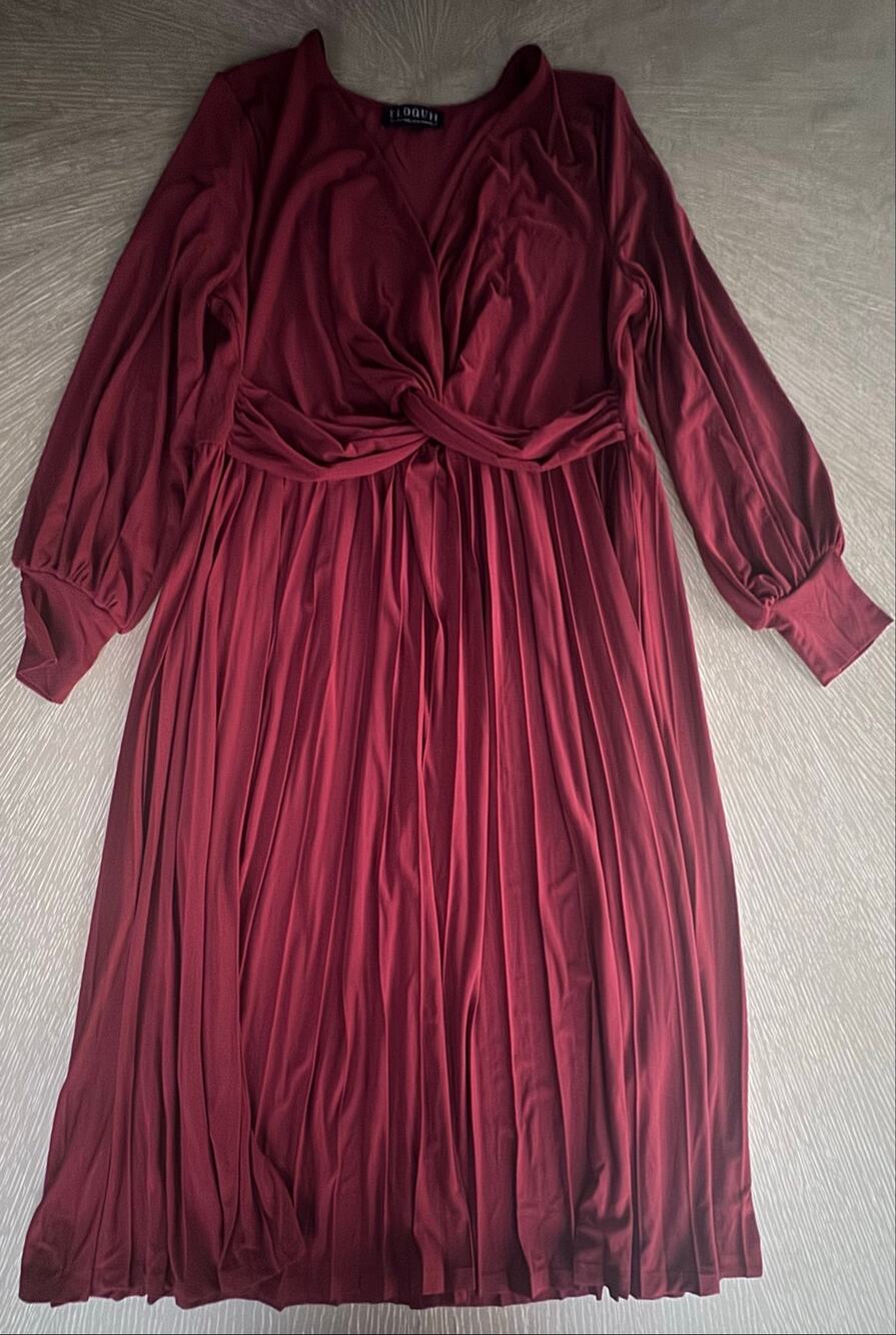 ELOQUII Rich Burgundy Knot Front Pleated Midi Dress Corporate Whimsigoth Sz 16